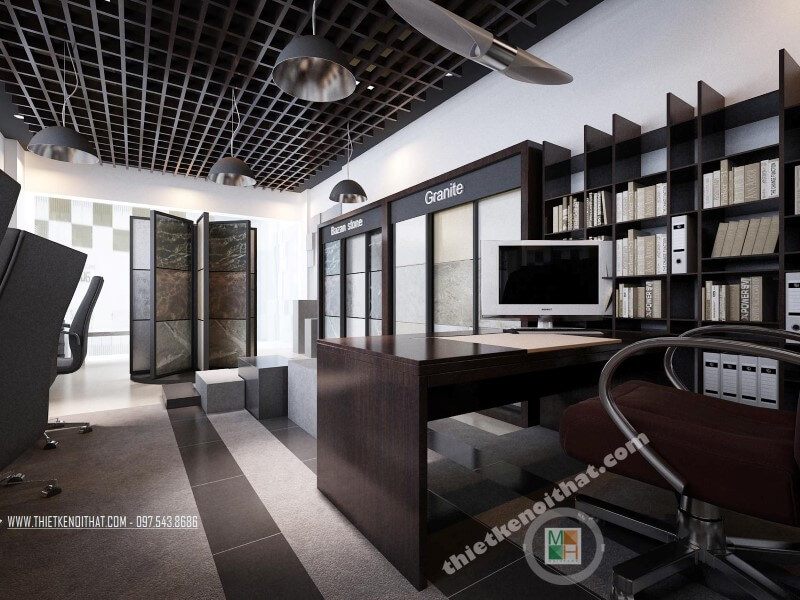 Showroom đá tự nhiên được trang trí bằng nội thất gỗ công nghiệp MFC theo tông màu trầm san trọng và được bố trí hợp lí trong không gian.